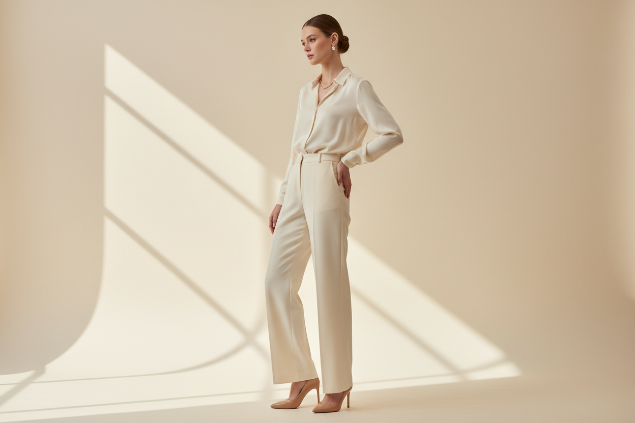 A beautifully composed, vertical-format photograph for a fashion store واجهة (storefront display). The image features a graceful and appealing woman modeling a chic and simple outfit (e.g., a well-fitting monochromatic dress or a stylish blouse with tailored trousers). She is wearing an attractive pair of shoes (e.g., elegant flats, classic pumps, or tasteful sandals). The lighting is soft, natural, and inviting, creating a clean and appealing aesthetic. The background is very minimalist and light-toned (e.